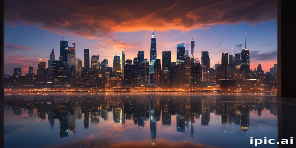 Stunning Cityscape at Dusk: Vibrant Skyscrapers Reflecting on Calm Water