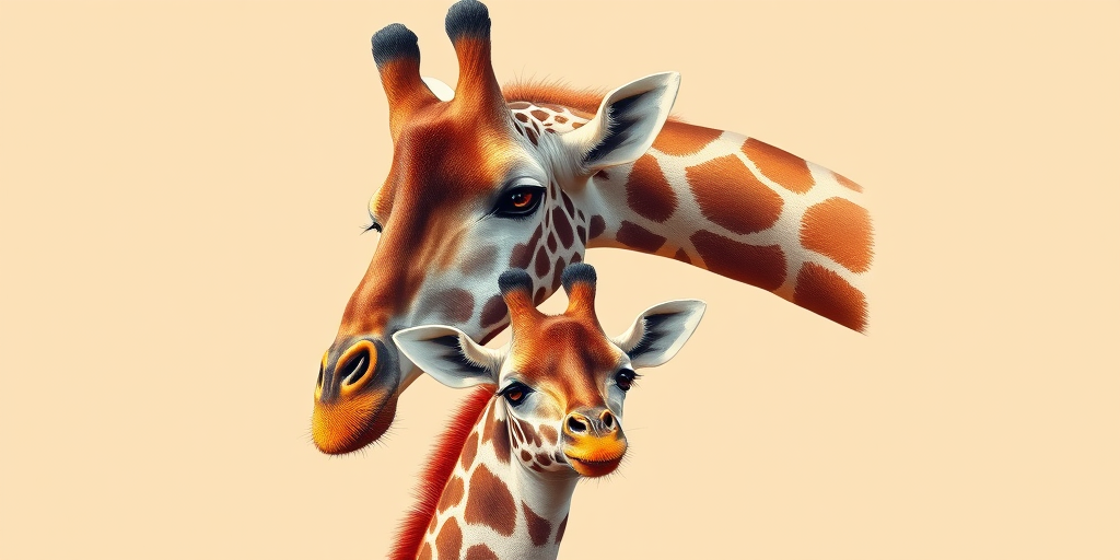 Generate a high-resolution illustration of a mother giraffe and her calf, using vibrant colors and detailed textures, set against a soft beige background, captured with a Canon EOS R5 at f/8, ISO 100, with a 50mm lens for a sharp focus and rich depth of field.