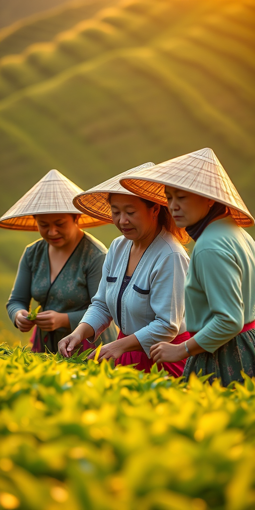 regenerate the image of three women in traditional conical hats picking tea leaves in lush green hills during golden hour, using a Canon EOS R5 with a 50mm f/1.2 lens, aperture at f/2.8, ISO 100, and a shallow depth of field to enhance background blur while capturing vibrant colors and soft lighting