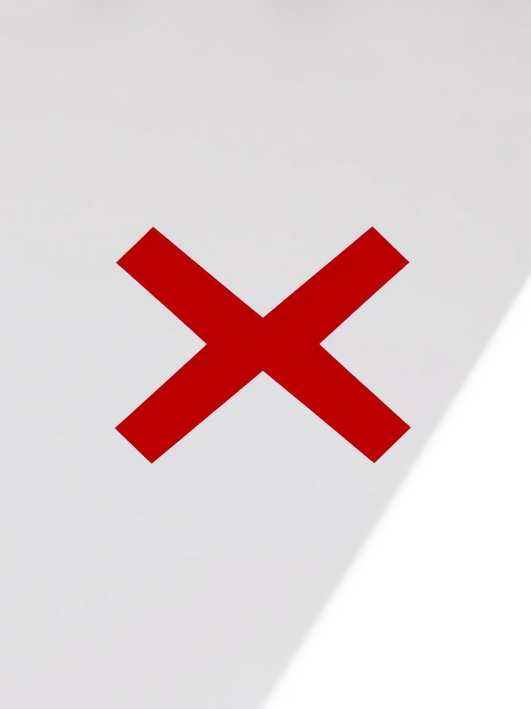 Generate a minimalistic graphic of a large, solid red "X" on a white background, captured using a DSLR camera with a 50mm lens at f/1.8, ISO 100, in natural light, with a shallow depth of field to emphasize the shape.