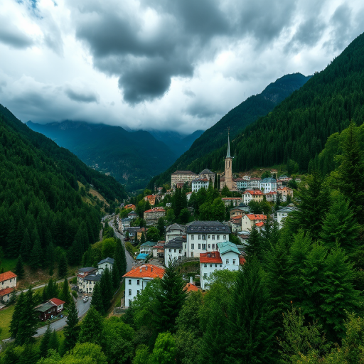 landscape of a village nestled in mountainous terrain under cloudy skies, focus on the contrast between the white buildings and green trees, camera settings: f/8, ISO 200, shutter speed 1/200s, camera view: wide-angle shot, camera style: HDR, camera type: DSLR