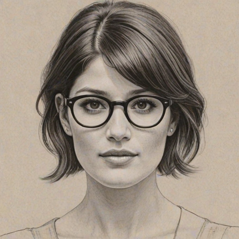 Delightful Gemma Arterton, pencil sketch, portrait of Appealing woman 1923s in glasses, hair style beatnik, outline, clear lines, fine lines, 8k
