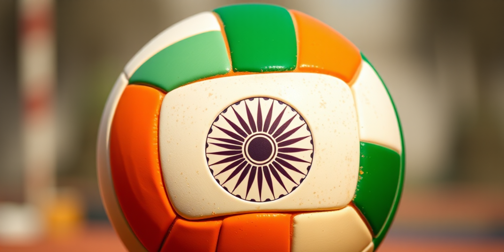 Create a high-resolution image of a volleyball designed with the Indian flag colors, featuring vibrant orange, white, and green sections with the Ashoka Chakra in the center, captured with a Canon EOS R5, 50mm lens, f/1.8 aperture, ISO 100, natural lighting, and a shallow depth of field for a focused foreground.