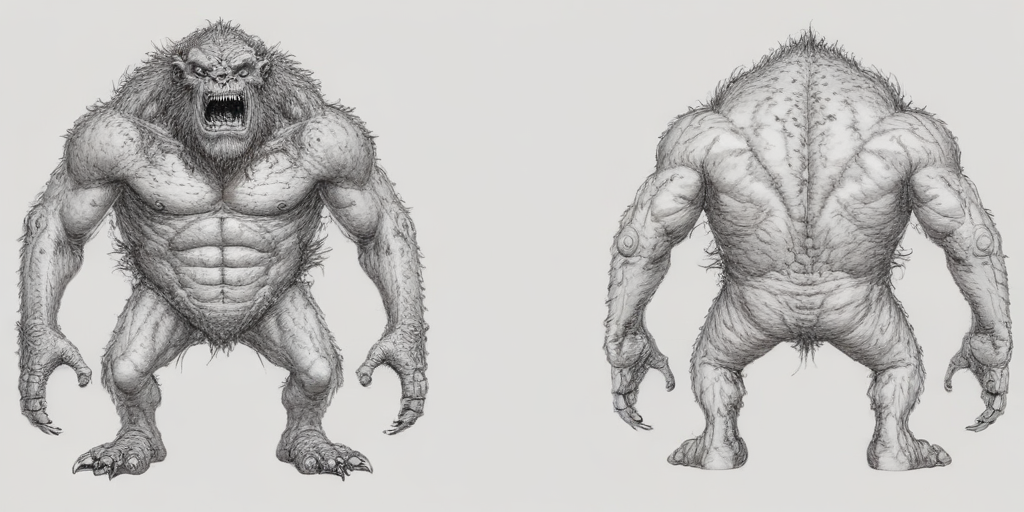 a monster with a front and side drawing
