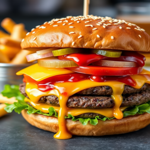 High-resolution, close-up image of a gourmet double cheeseburger. The burger features a glossy, sesame-seed-topped brioche bun. Inside, there are two thick, juicy beef patties, each topped with melted cheddar cheese. The burger is garnished with fresh lettuce, tomato slices, diced onions, and pickles. A generous amount of ketchup and a creamy, orange-colored sauce is dripping down the sides, adding to the mouth-watering appeal. In the background, there are blurred elements including a side of golden French fries and a hint of a beverage, enhancing the overall presentation of a delicious meal.