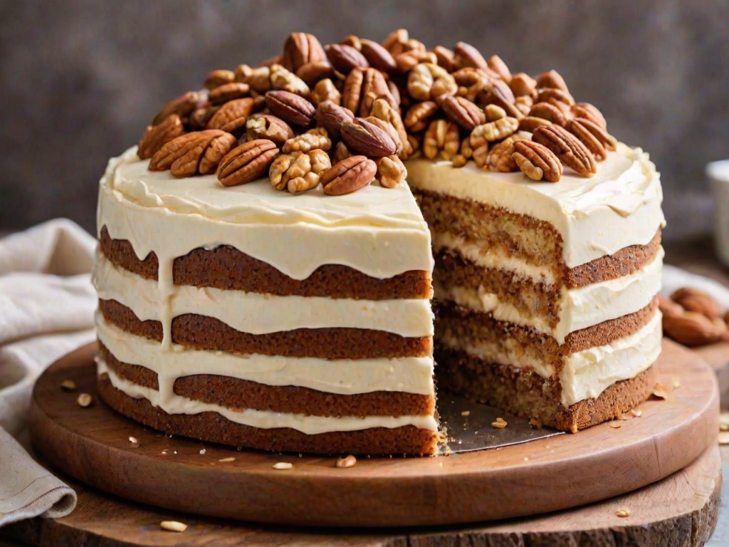 Create an image of a delicious layered cake with a creamy frosting on top. The cake should have a nutty texture with visible pieces of nuts and a smooth, rich filling. The cake is displayed on a wooden serving board with a light background to emphasize its details.