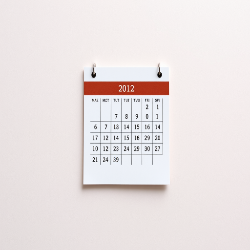 Create a high-resolution image of a calendar on a clean background using a DSLR camera with a 50mm lens at f/2.8, ISO 100, and a soft focus style for a modern aesthetic.