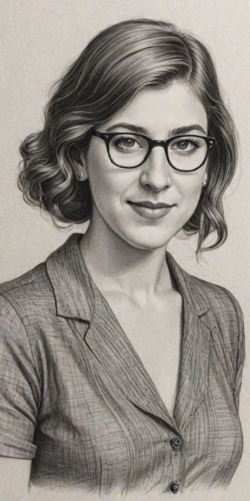 Elegant Mayim Bialik, pencil sketch, portrait of Splendid woman 1935s in glasses, hair style beatnik, outline, clear lines, fine lines, 8k