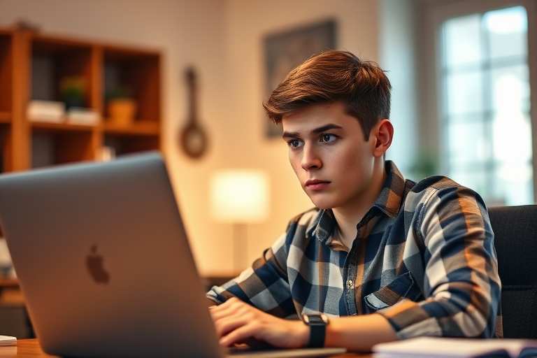 A young man in a plaid shirt with a concerned expression sitting at a desk facing a laptop, warm indoor lighting, shallow depth of field, 50mm lens, f/1.8 aperture, ISO 200, natural window light, soft focus background.