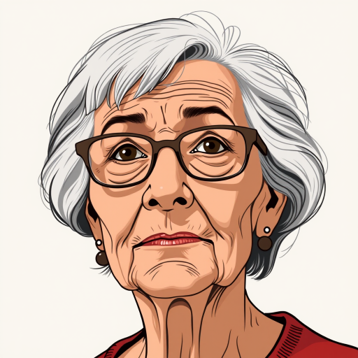 Generate a highly detailed illustration of an elderly woman with glasses, using a 50mm lens at f/1.8, shot in natural light from a slightly elevated angle, in a minimalist style to enhance lines and textures.