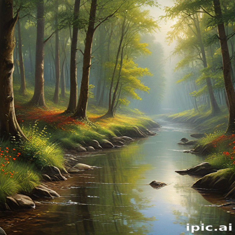 Tranquil Forest Scene with a Serene Stream and Lush Greenery