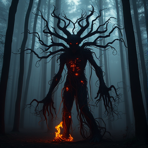 A mysterious entity made of dark, twisted vines and illuminated by flickering flames, standing in a misty forest with towering trees, shot using a Canon EOS R5 with a 24-70mm f/2.8 lens, at ISO 100, f/4, 1/100s, in soft lighting to enhance shadows and textures.