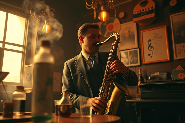 Create a smoky jazz lounge scene featuring a man in a vintage suit playing a saxophone, surrounded by vinyl records and drinks, shot with a Canon EOS R5, 50mm lens, f/1.8 aperture, ISO 100, low-angle view, warm color tone, with soft diffused lighting.