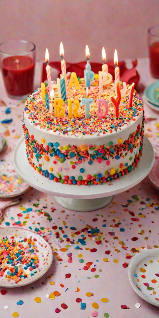 Create an image of a colorful birthday cake with sprinkles, topped with candles that spell out "Happy Birthday." The cake is placed on a festive plate, surrounded by scattered confetti on a table. The background should be simple and light to emphasize the cake.