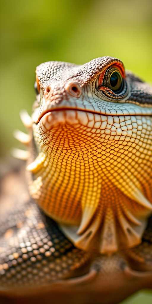 close-up portrait of a monitor lizard with detailed scales and textures, soft focus background, natural light, macro lens, f/2.8 aperture, 1/200 sec shutter speed, ISO 100, DSLR camera, shallow depth of field