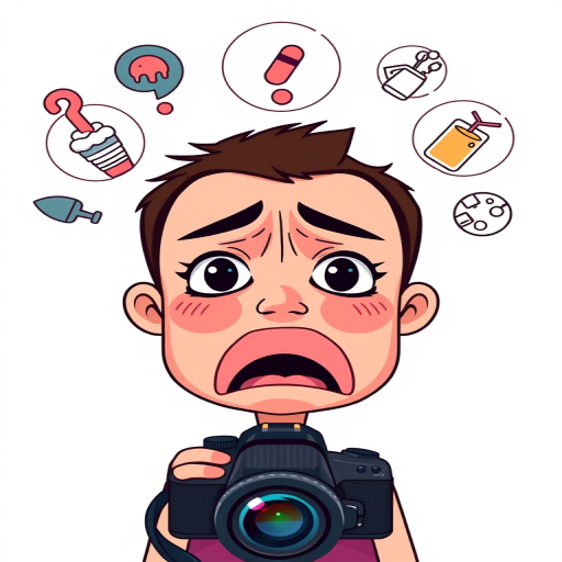 Create a colorful vector illustration depicting a worried character with a sore throat, featuring icons of ice cream, a drink, and medication, using a DSLR camera with a 50mm lens, f/1.8 aperture, ISO 200, and a soft-focus background.