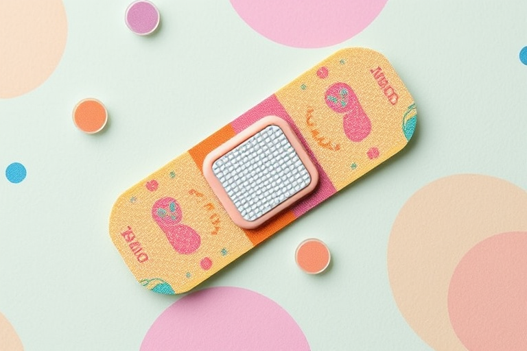 design a colorful adhesive bandage with a textured center and a playful, vibrant background