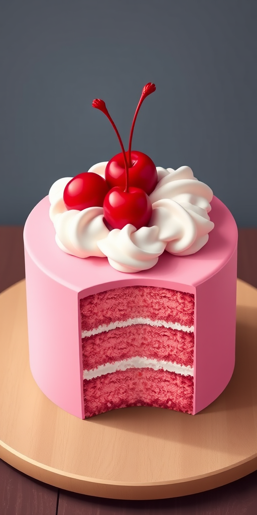 Create a digital illustration of a pink cake with whipped cream peaks and red cherries on top, cross-sectioned to show layers, using a DSLR camera at f/2.8, 50mm lens, natural lighting, from a top-down view with focus on texture and details.