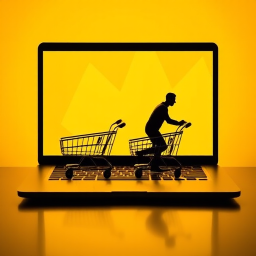 Create a stylized image of two silhouetted figures pushing shopping carts emerging from a laptop screen with a bright yellow background, using a DSLR camera at f/2.8, ISO 100, 50mm lens, top-down perspective, and a soft focus to enhance depth and contrast.