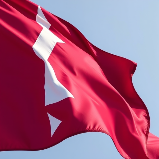 Create a hyper-realistic image of the Qatari flag waving in the wind, captured with a DSLR camera at f/8 aperture, 1/250s shutter speed, ISO 100, shot from a low angle with a 24mm lens, using natural lighting to enhance texture and color vibrancy.