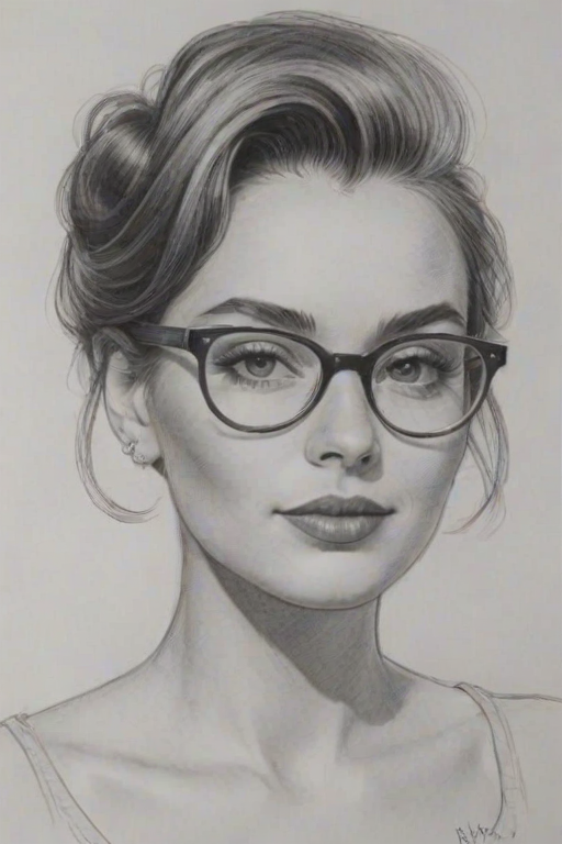 Charming Sophia Wylie, pencil sketch, portrait of Alluring woman 1955s in glasses, hair style beatnik, outline, clear lines, fine lines, 8k