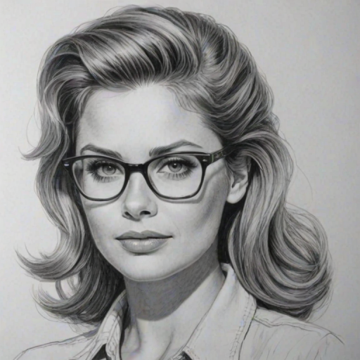 Delightful Ami Dolenz, pencil sketch, portrait of Stunning woman 1952s in glasses, hair style beatnik, outline, clear lines, fine lines, 8k