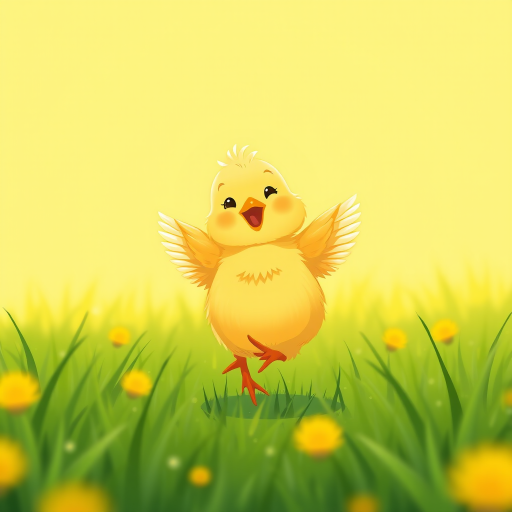 Create a vibrant illustration of a cheerful yellow chick dancing in a green grassy field under a bright yellow background, using a Canon EOS R5 with a 50mm f/1.2 lens, aperture set to f/2.8 for sharp details, captured at a low angle to emphasize the chick's joyful expression and surrounded by a soft bokeh effect for depth.