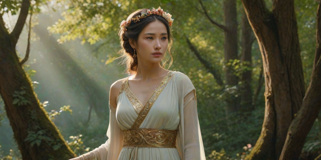 Create a portrait of a goddess-like Uyghur girl figure in a tranquil, forested environment. She has an elegant appearance with long, wavy hair styled in an updo and adorned with a delicate, floral headband. She wears a flowing, ancient Greek-inspired gown in a soft, pale color, featuring a one-shoulder design and draped fabric that accentuates her graceful form. The outfit includes a decorative belt with ornate gold detailing, and she holds a bow in her hand, with a quiver of arrows slung over her shoulder. The background depicts lush greenery, with sunlight filtering through the trees, casting a gentle, ethereal light on the scene. Her expression is calm and contemplative, embodying a sense of wisdom and serenity.