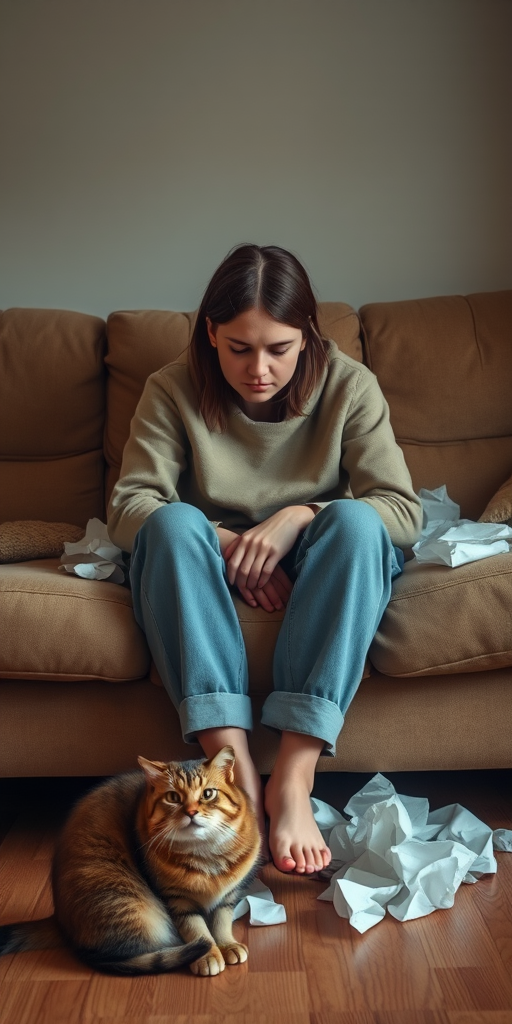 Regenerate the image of a person sitting on a couch with a sad expression, surrounded by tissues and a cat on the floor, using a Canon EOS R5 camera, 50mm lens, aperture f/2.8, ISO 100, shot from a slightly elevated angle for a warm, inviting atmosphere.