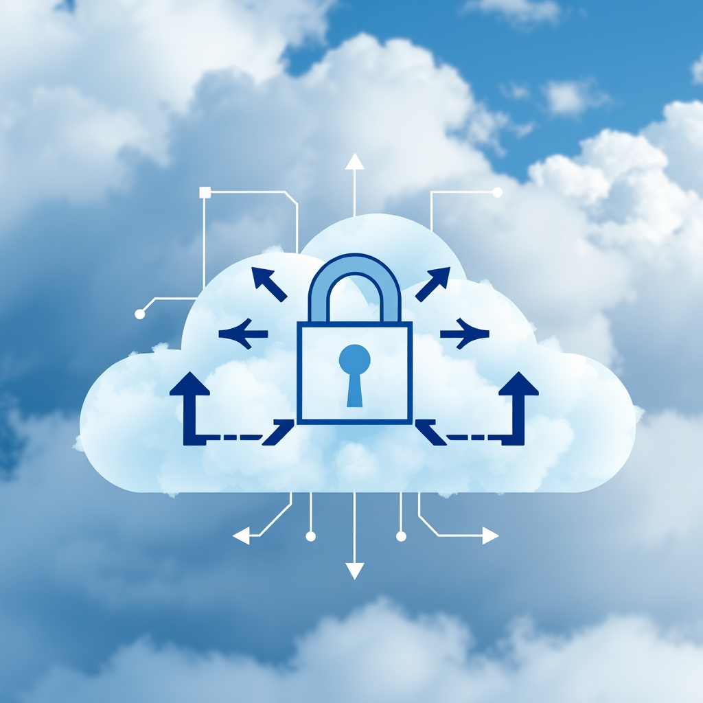 Create a modern graphic design with a cloud background featuring an abstract representation of network security symbols, including arrows and a firewall, using a Canon EOS R5 camera, ISO 100, f/8 aperture, 1/125 sec shutter speed, and a soft focus style to enhance image quality.
