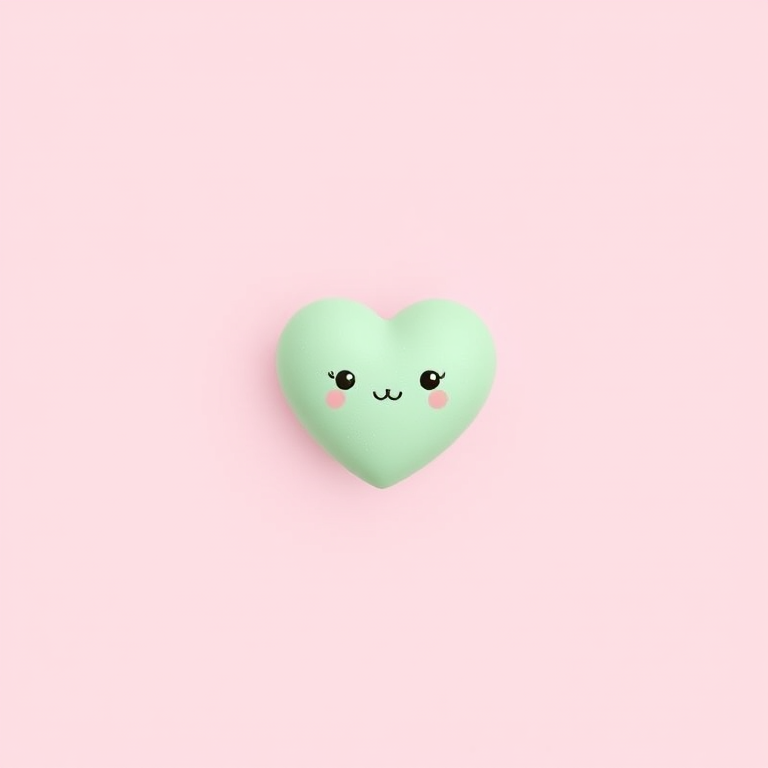 Create a minimalist digital illustration of a cute, soft green heart with a small shine and two tiny eyes, centered against a smooth pastel pink background, using a Canon EOS R5 camera with a 50mm f/1.8 lens, aperture set to f/2.8, shutter speed 1/125, and ISO 100 for enhanced clarity and color vibrancy.