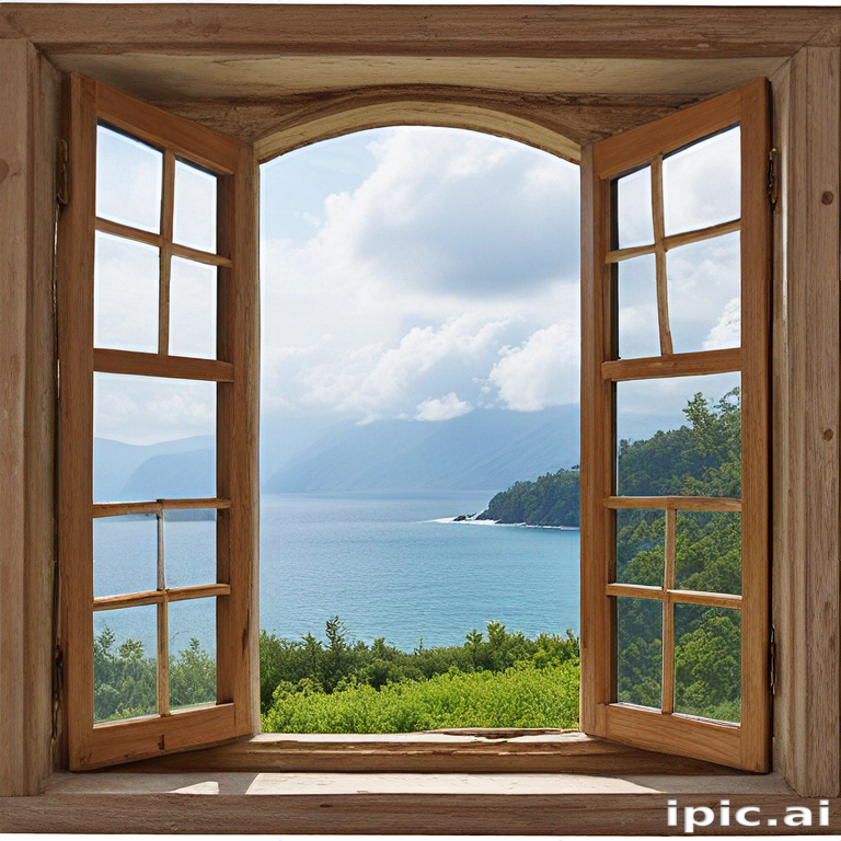 Window Frame Sceneic Picture Scenic View of Serene Waters Through Open Wooden Window Frame