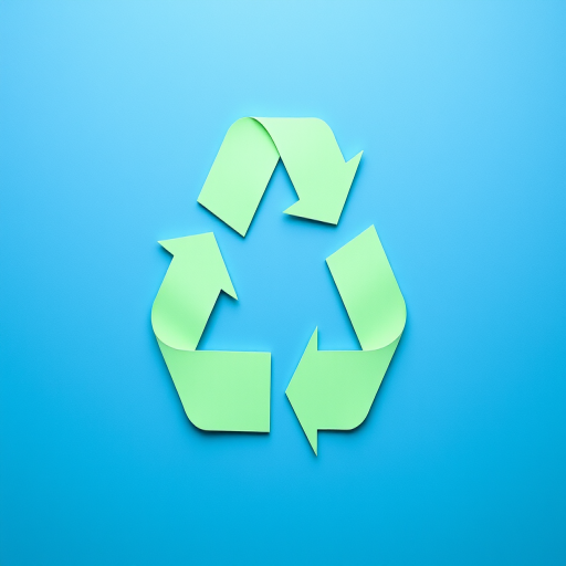 Create a high-resolution design of a recycling symbol with clean lines, using a DSLR camera set to f/2.8 aperture, ISO 100, 1/60 shutter speed, taken from a top-down view with a flat lay style for sharp detail and vibrant contrast.