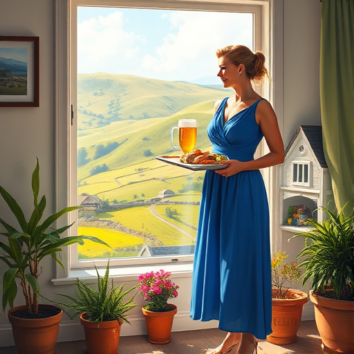 In "A Glass of Beer on the Highland," a serene scene is depicted in a sunlit room where a woman in a vibrant blue dress stands by a large window. She holds a tray with a hearty meal and a frothy glass of beer, embodying a moment of relaxation. Outside, the breathtaking highland landscape features rolling green hills and a charming traditional house, all bathed in warm afternoon light. The interior is adorned with potted plants, creating a harmonious blend of comfort and nature. The painting beautifully captures the tranquility and joy found in simple pleasures amidst stunning scenery