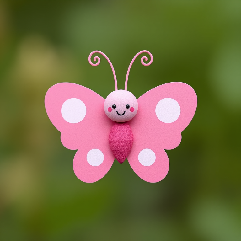 Create a cute, minimalistic illustration of a pink butterfly with polka dots, smiling face, and curly antennae, captured in a soft focus with a DSLR camera, using a 50mm lens at f/2.8 aperture, ISO 100, natural lighting, and a 1/200 shutter speed for enhanced clarity and detail.
