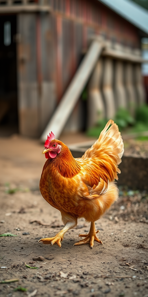 photograph of a hen walking in a farm setting, taken with a DSLR camera at f/4, ISO 100, shutter speed 1/500, 50mm lens, natural lighting, shallow depth of field, vibrant colors, outdoor setting