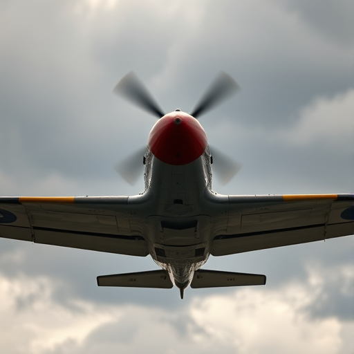 capture a vintage airplane flying directly towards the camera against a cloudy sky, use a shallow depth of field with f/4 aperture, ISO 100, shutter speed 1/500s, taken with a DSLR camera in landscape orientation with a 24-70mm lens for enhanced clarity and detail