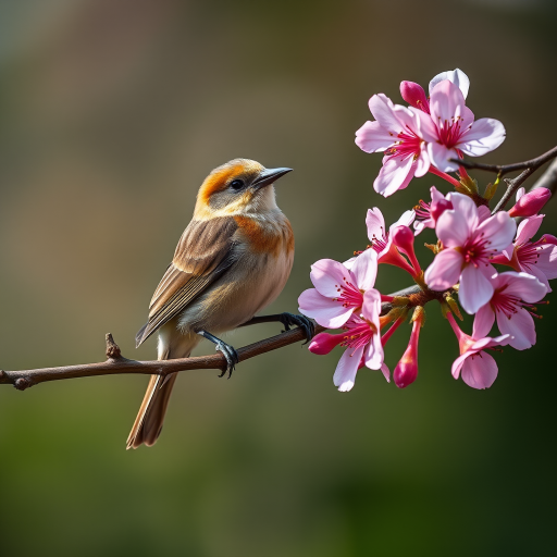 Create a high-resolution image of a bird perched on a tree branch with delicate pink flowers, using a Canon EOS 5D Mark IV, 300mm lens, aperture f/4, shutter speed 1/250s, ISO 400, soft focus background for depth, natural lighting, capturing rich colors and details of the bird and flowers.