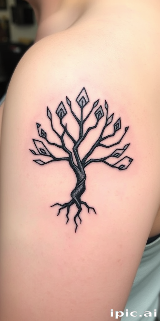 Minimalist blackwork tattoo showcasing a series of interconnected geometric shapes forming a stylized tree of life, with negative space creating intricate branch patterns and subtle shading techniques