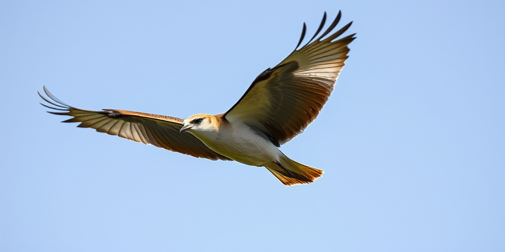 A soaring bird in flight captured with a Canon EOS R5, 50mm lens, f/2.8 aperture, ISO 200, 1/1000 sec shutter speed, natural light, side profile view, high dynamic range to enhance detail and color vibrancy.
