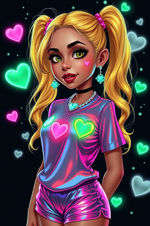 Hyper Realistic Latina Anime caricature woman, blonde bioluminescent pigtails, she’s wearing bioluminescent paint , she’s wearing a iridescent chrome shirt and chrome iridescent shorts, she’s wearing bioluminescent jewels and hearts, 3D heart jewels, bioluminescent glow effect hearts and paint splashes around her