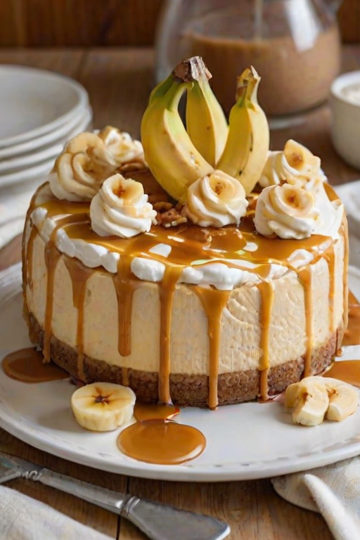 Generate an image of a banana caramel cheesecake. The cheesecake should have a golden-brown crust, topped with sliced bananas, caramel drizzle, and dollops of whipped cream. The cake should be partially sliced to show its creamy interior, and place some fresh bananas in the background for decoration.