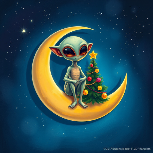 Create an illustration of a whimsical alien sitting on a crescent moon with a decorated Christmas tree, against a starry night sky, using a digital painting style with vivid colors and high detail, captured with a Canon EOS R5 at f/2.8, ISO 100, 50mm lens, focusing on sharpness and clarity.