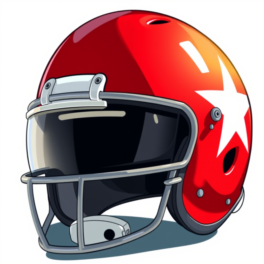 Create a vibrant illustration of a red helmet with a white star on the side, captured in high resolution with a 50mm lens, f/1.8 aperture, natural lighting, front view, DSLR camera.