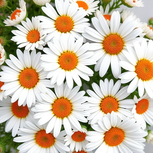 Generate a high-resolution floral wreath featuring white daisies with orange centers, using a macro lens at f/2.8 aperture, 50mm focal length, shot from a top-down view with natural light to enhance details and colors.