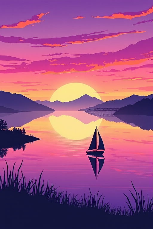 Create a serene landscape illustration featuring a sailboat on a calm lake at sunset with a purple sky, mountains in the background, and a bridge, captured with a DSLR camera at f/8, ISO 100, 24mm lens, and a wide-angle view to enhance depth and detail.