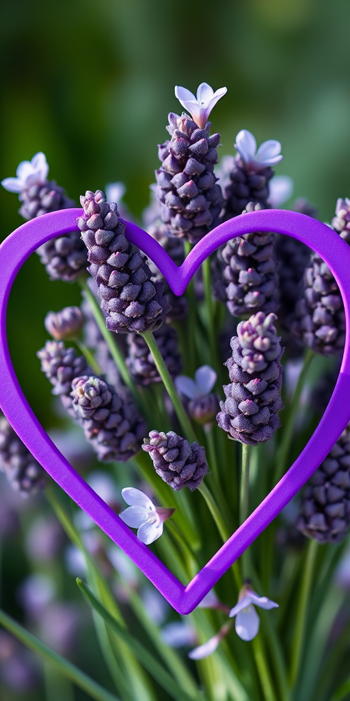 Create an illustration of a heart shape outlined in purple, incorporating a bouquet of lavender flowers with vibrant green stems, captured with a DSLR camera at f/2.8 aperture, 50mm lens, natural lighting, and a soft focus effect for a dreamy quality.
