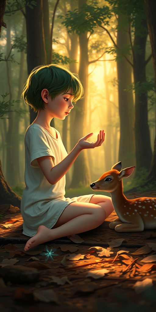 A luminous digital painting of a serene forest scene featuring a barefoot young female, about 7 years old, with green hair and fair skin, dressed in a simple white outfit. He sits cross-legged on the forest floor, gazing at a small, glowing, magical firefly in his hand. Beside him, a delicate spotted deer lies calmly on a bed of dried leaves, observing the scene. The dense forest is bathed in warm, golden light filtering through the trees, creating a peaceful, magical atmosphere with a blend of natural and mystical elements.