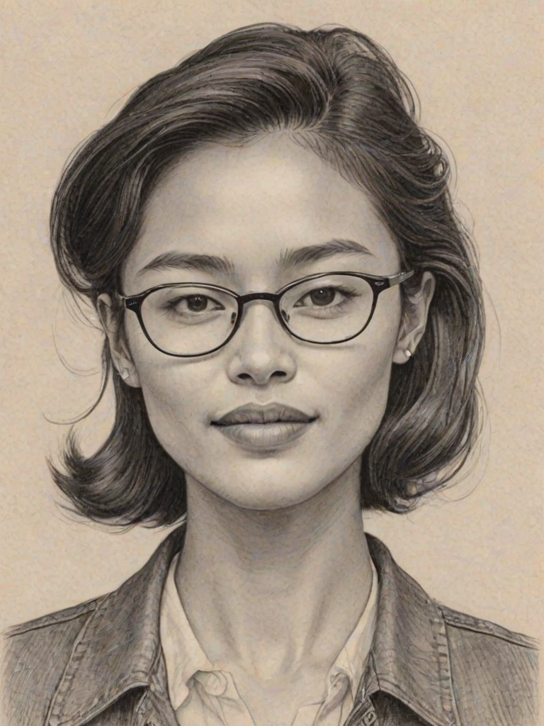 Charming Manny Jacinto, pencil sketch, portrait of Superb woman 1945s in glasses, hair style beatnik, outline, clear lines, fine lines, 8k