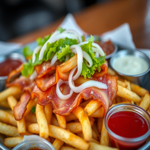 a close-up shot of a platter filled with crispy fries topped with layers of bacon, garnished with fresh lettuce, sliced onions, and dipping sauces, shot with a 50mm lens at f/2.8, ISO 100, natural lighting, standard depth of field, using a DSLR camera